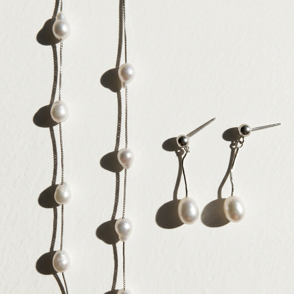 The Stardust Path necklace shown together with matching pearl earrings in close-up on a light background