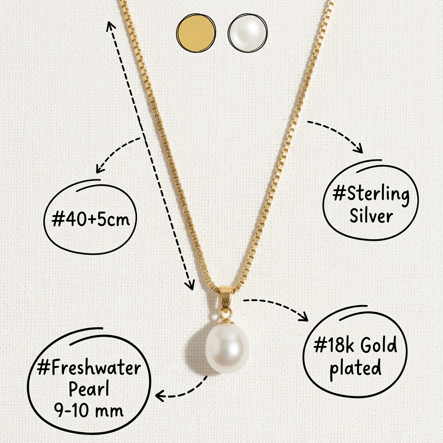The Steady Pearl necklace in gold-plated sterling silver with a single freshwater pearl and size notes on a warm beige background