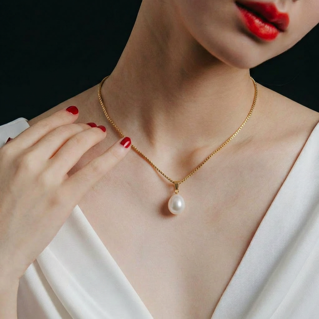 The Steady Pearl necklace worn at the collarbone in gold-plated sterling silver with a single baroque freshwater pearl