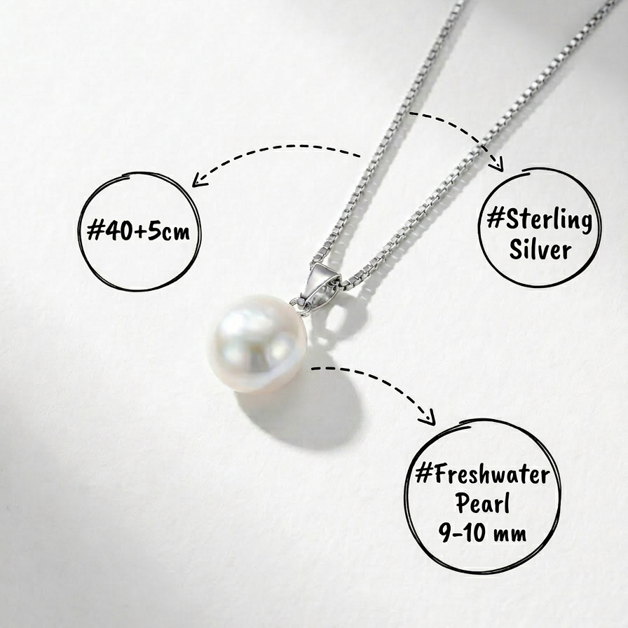 The Steady Pearl necklace in sterling silver with a single freshwater pearl and size notes on a light grey background