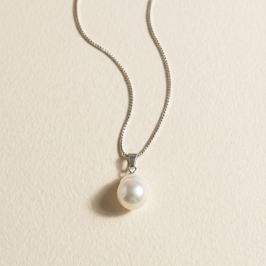 The Steady Pearl necklace in sterling silver with a single baroque freshwater pearl on a warm beige background