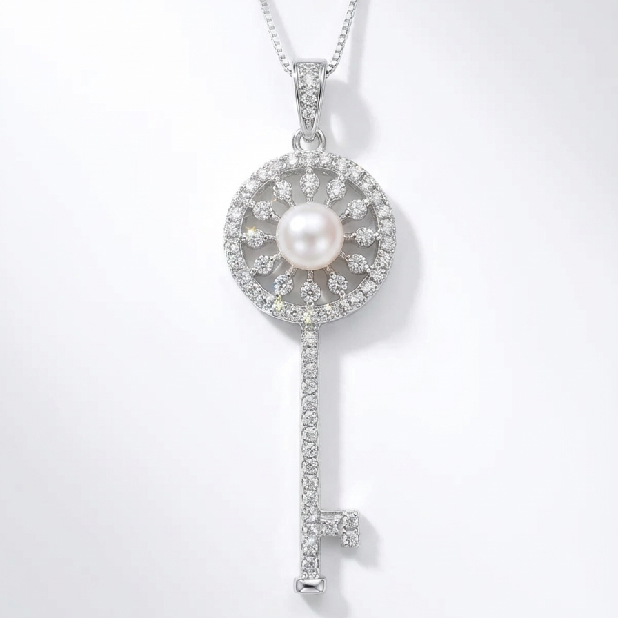 The Sunlit Key necklace in sterling silver with a freshwater pearl at the centre of a sunburst key pendant on a light grey background