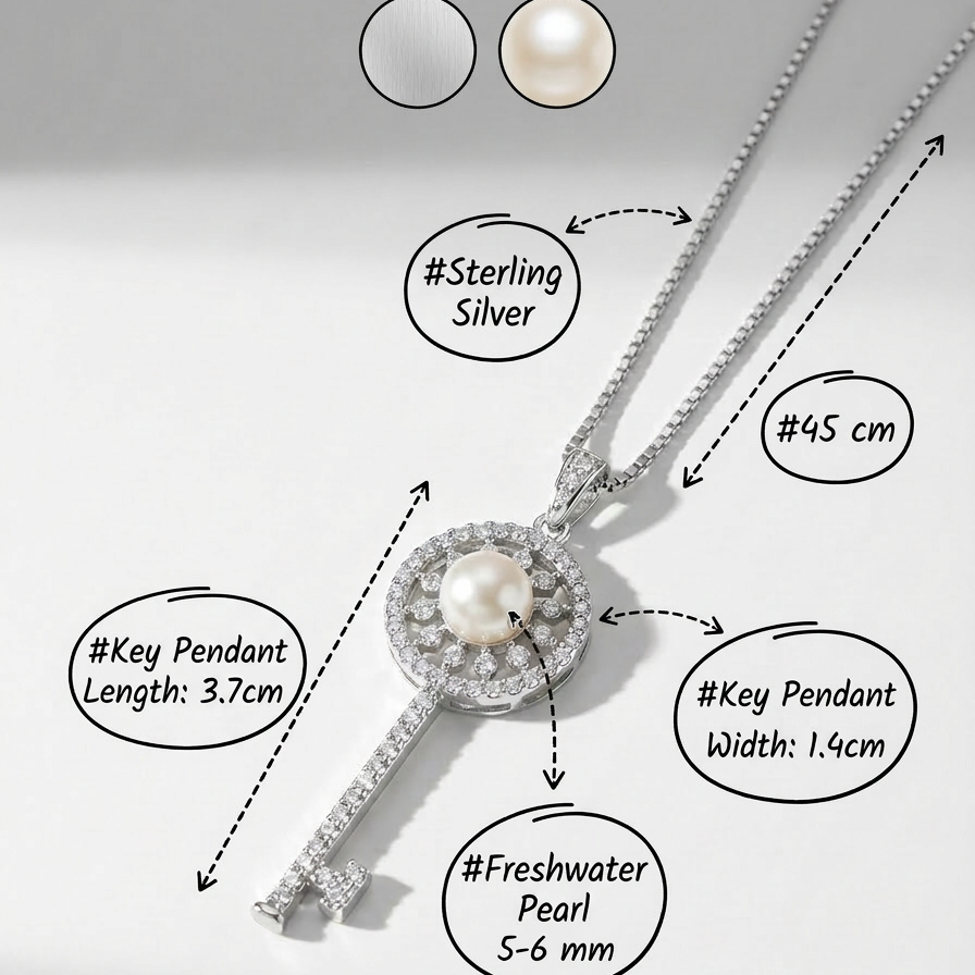 The Sunlit Key necklace in sterling silver with a freshwater pearl and size notes on a light grey background