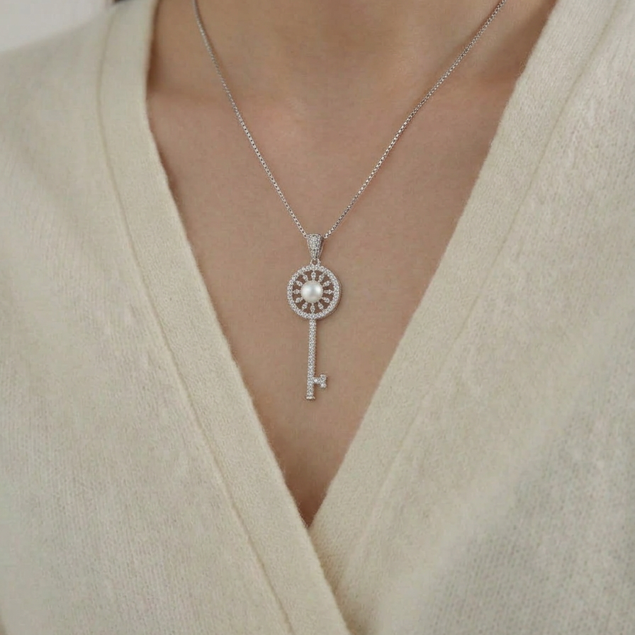 The Sunlit Key necklace worn at the chest in sterling silver with a freshwater pearl at the centre of a sunburst key pendant