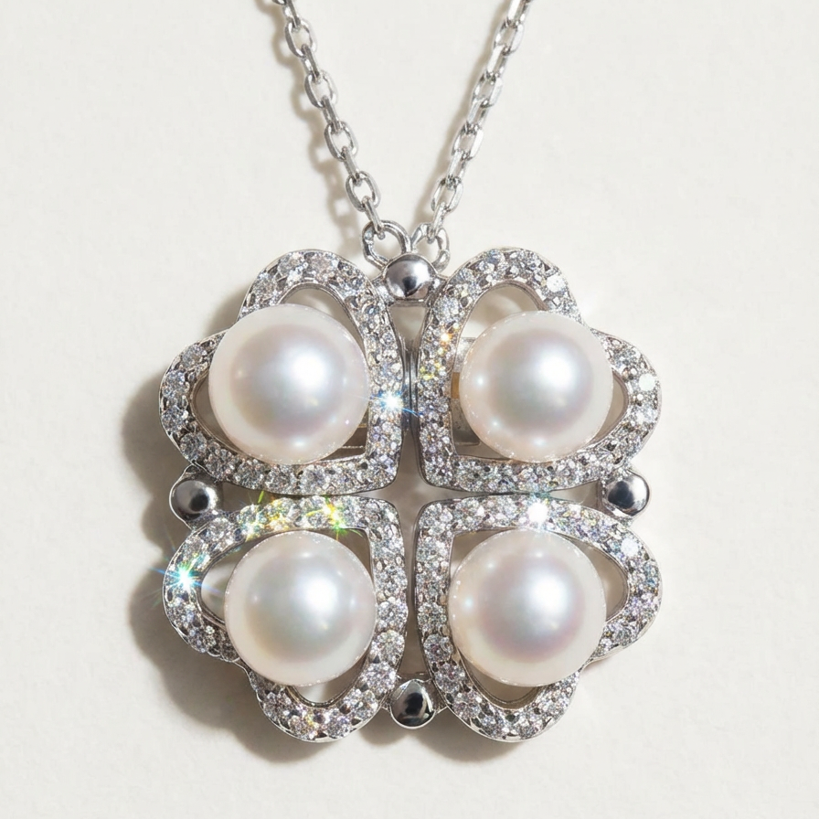 The Turning Heart necklace in sterling silver with four freshwater pearls framed by pavé zirconia on a light grey background