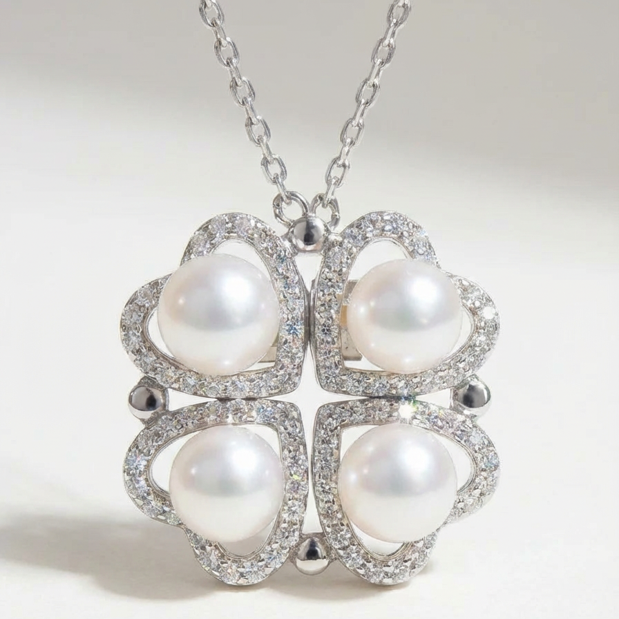 The Turning Heart necklace in sterling silver with four freshwater pearls framed by pavé zirconia on a light grey background